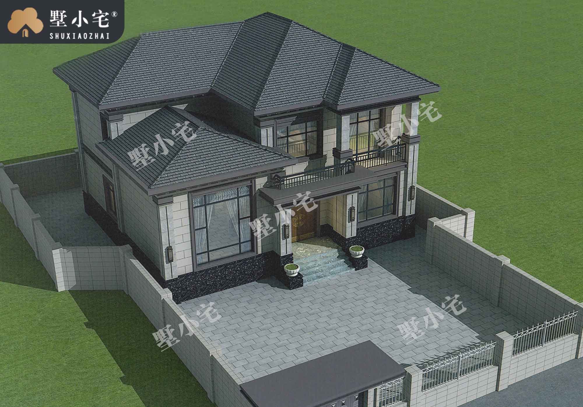 【二层新中式别墅效果图】B774新农村二层半自建房两层别墅设计图，有全套施工图