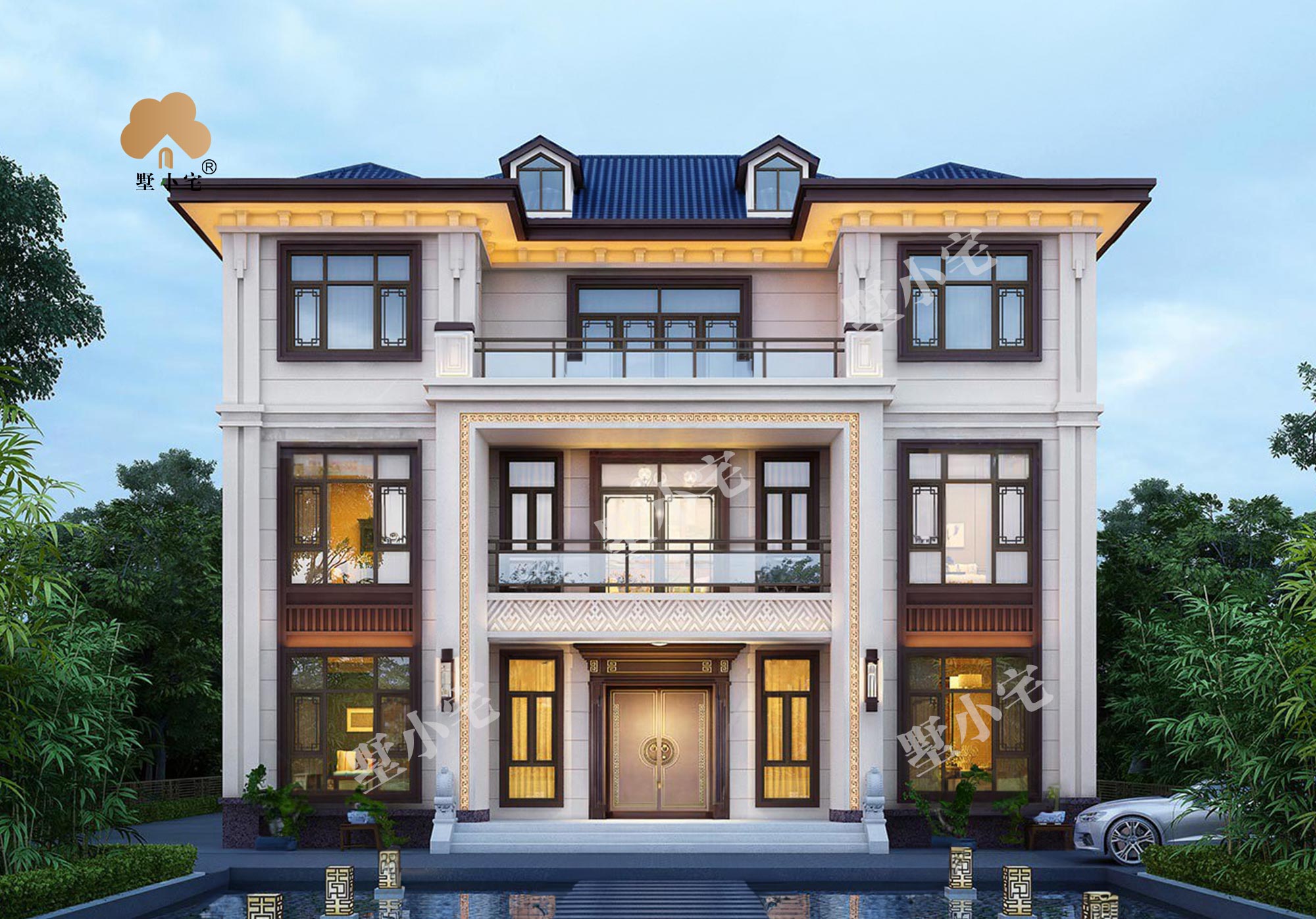 C1085三层复式新中式别墅房屋设计图纸，外观对称，经典大气，14×12.8