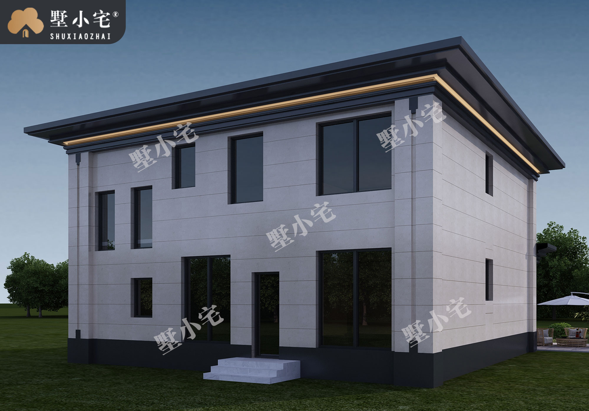 B1140两层平屋顶新中式房屋施工建筑设计图纸，外观大气，11.76×14.76