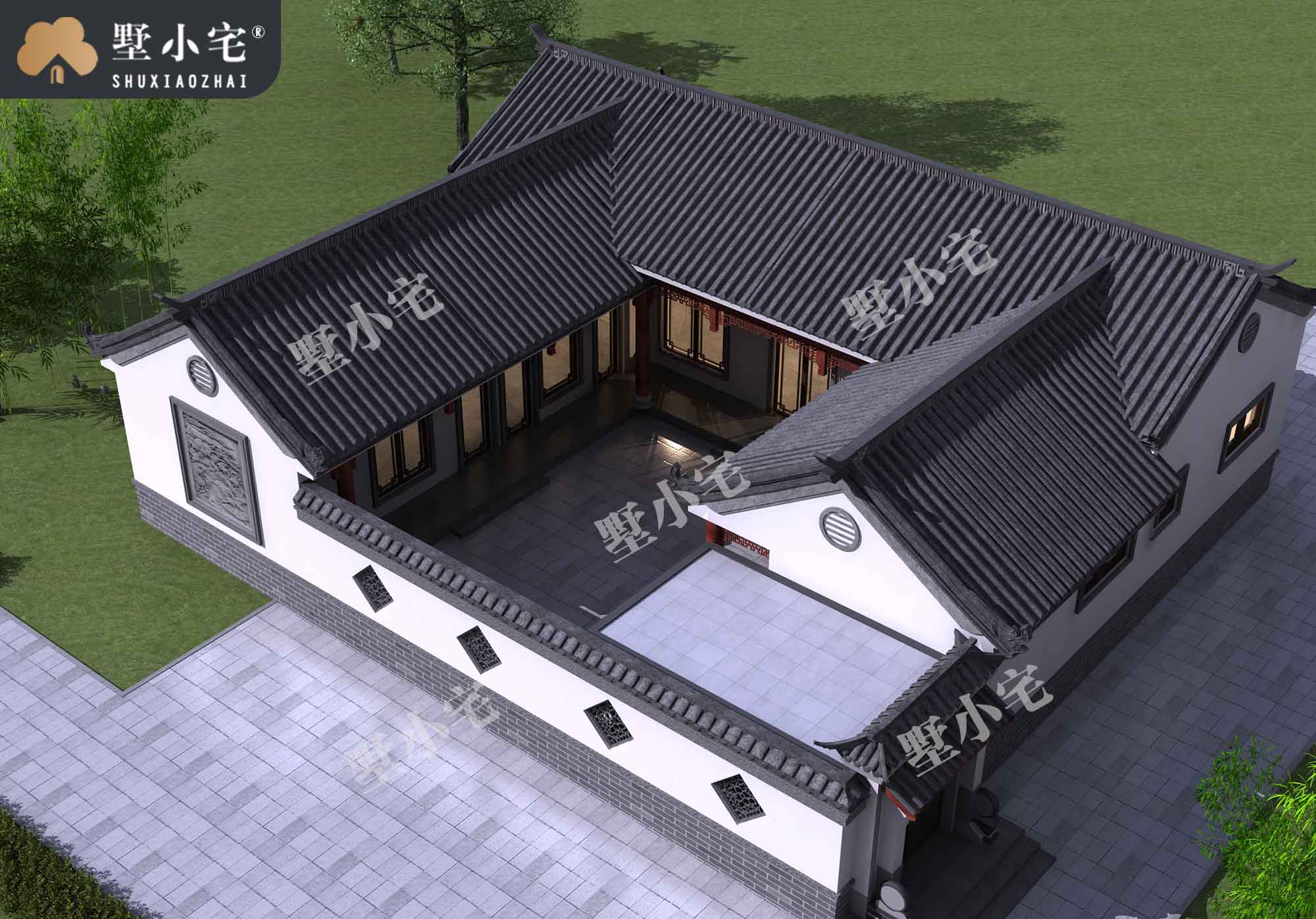 A7451【乡村别墅设计】一层中式小别墅设计图纸经济型农村自建房带院子合院效果图，有韵味，又有新颖。