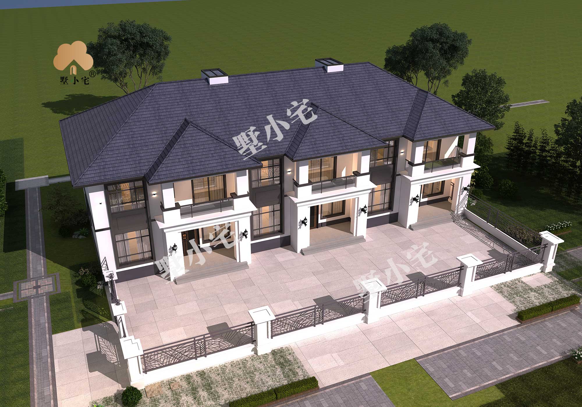 B8211[三拼住宅]二层新中式兄弟合建房，三拼别墅农村自建房设计图