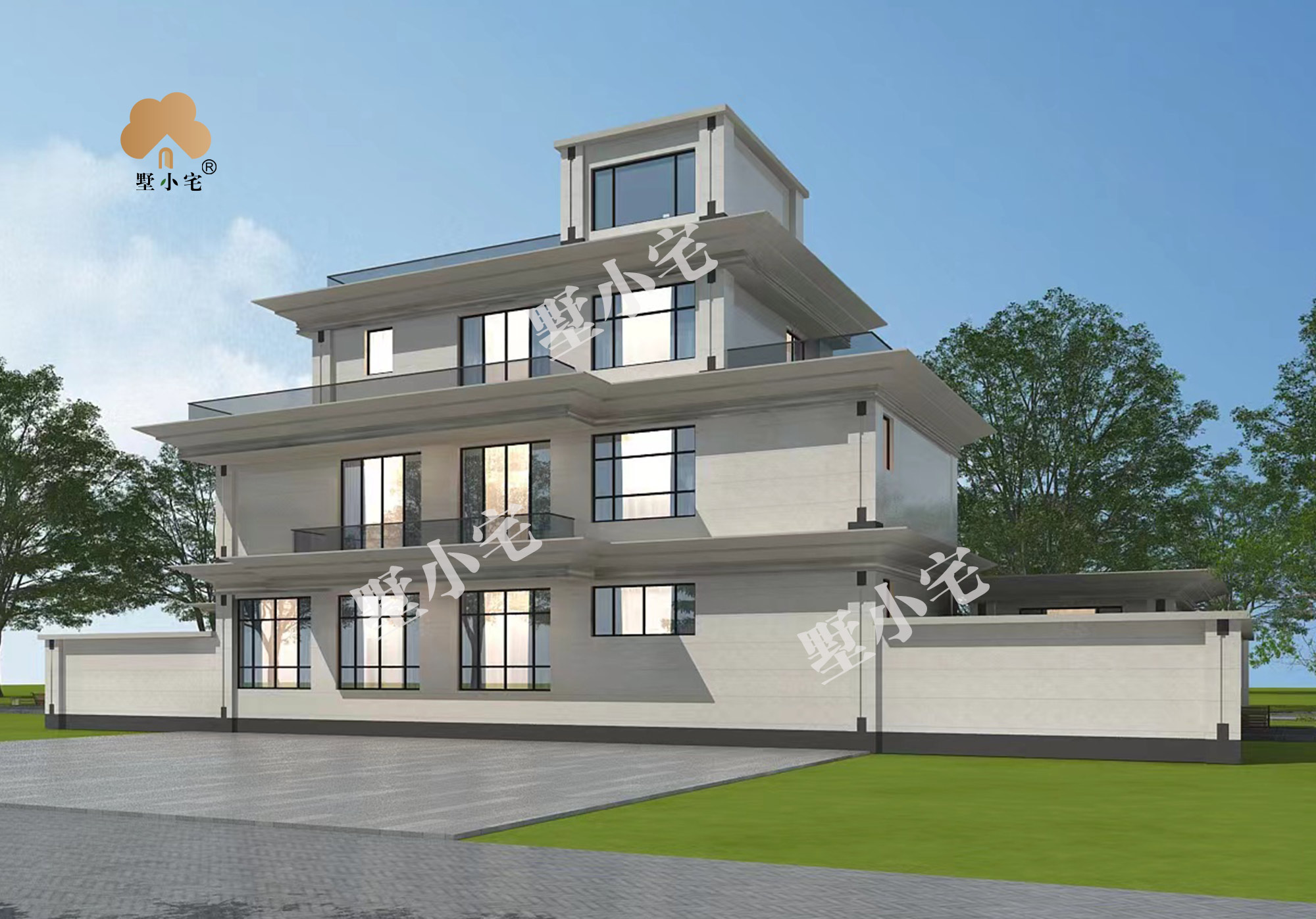 C900三层新中式带小院豪华别墅，多阳台露台设计，带独立厨房和游泳池32.24×17.24