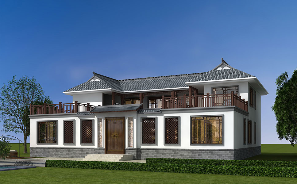 B635［北京四合院］农村二层别墅设计效果图仿古带庭院，含全套施工图纸