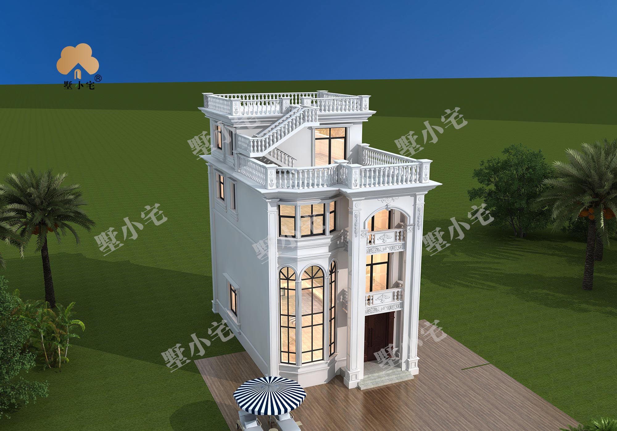 D5271新农村小宅基地4层自建房别墅设计图，客厅中空，屋顶花园7.56×12.79