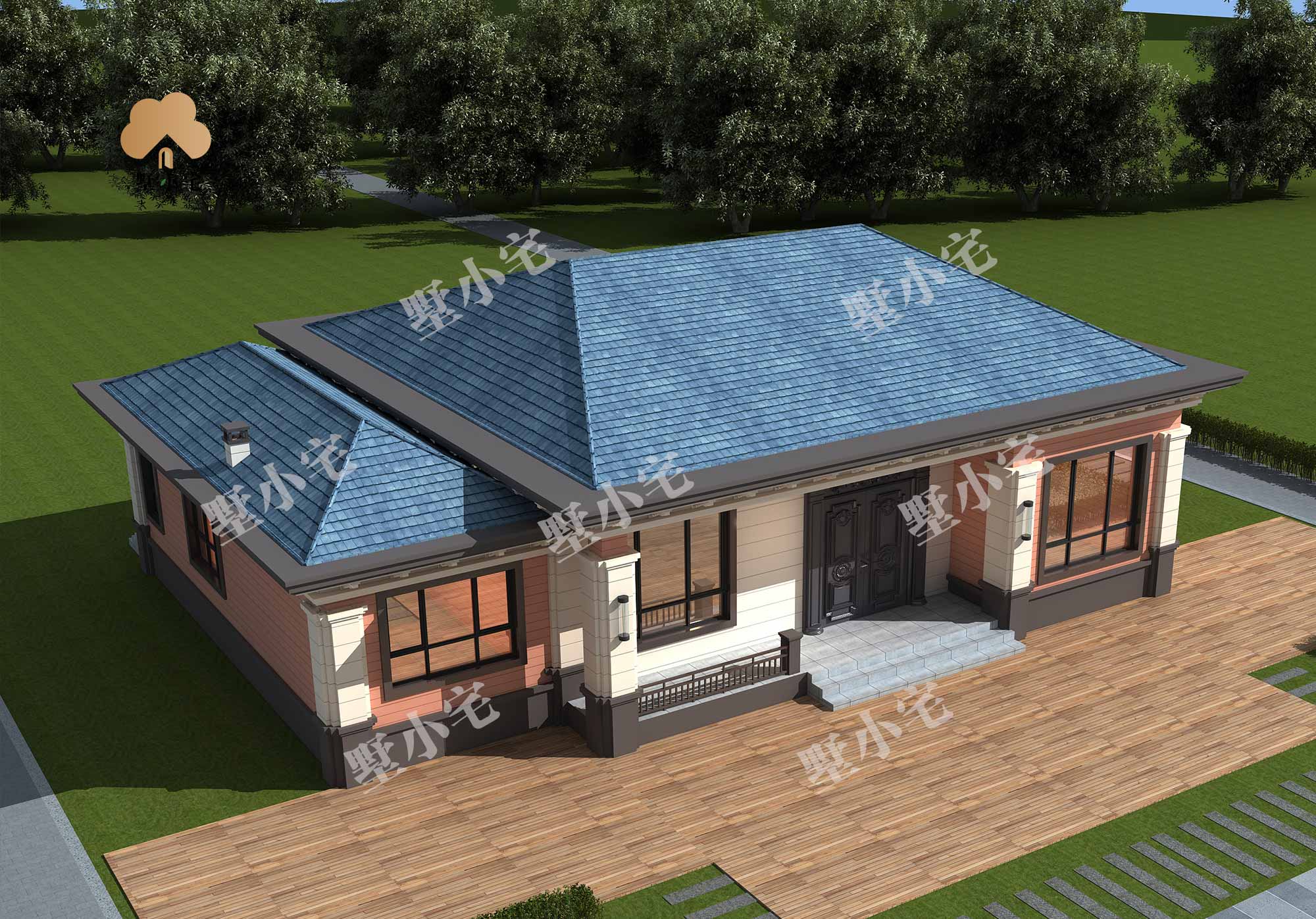 曾A992新农村一层坡屋顶简单自建房别墅设计图纸，造价23万左右，15.84×12.04