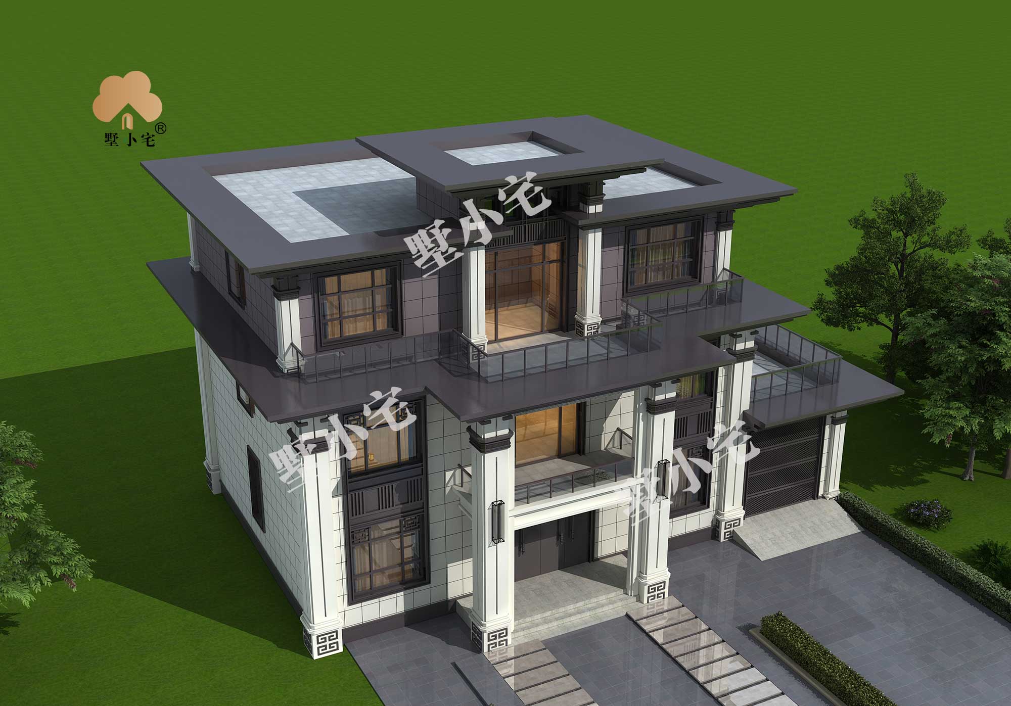 C640【农村房屋设计】三层新中式豪华带车库别墅设计施工效果图全套