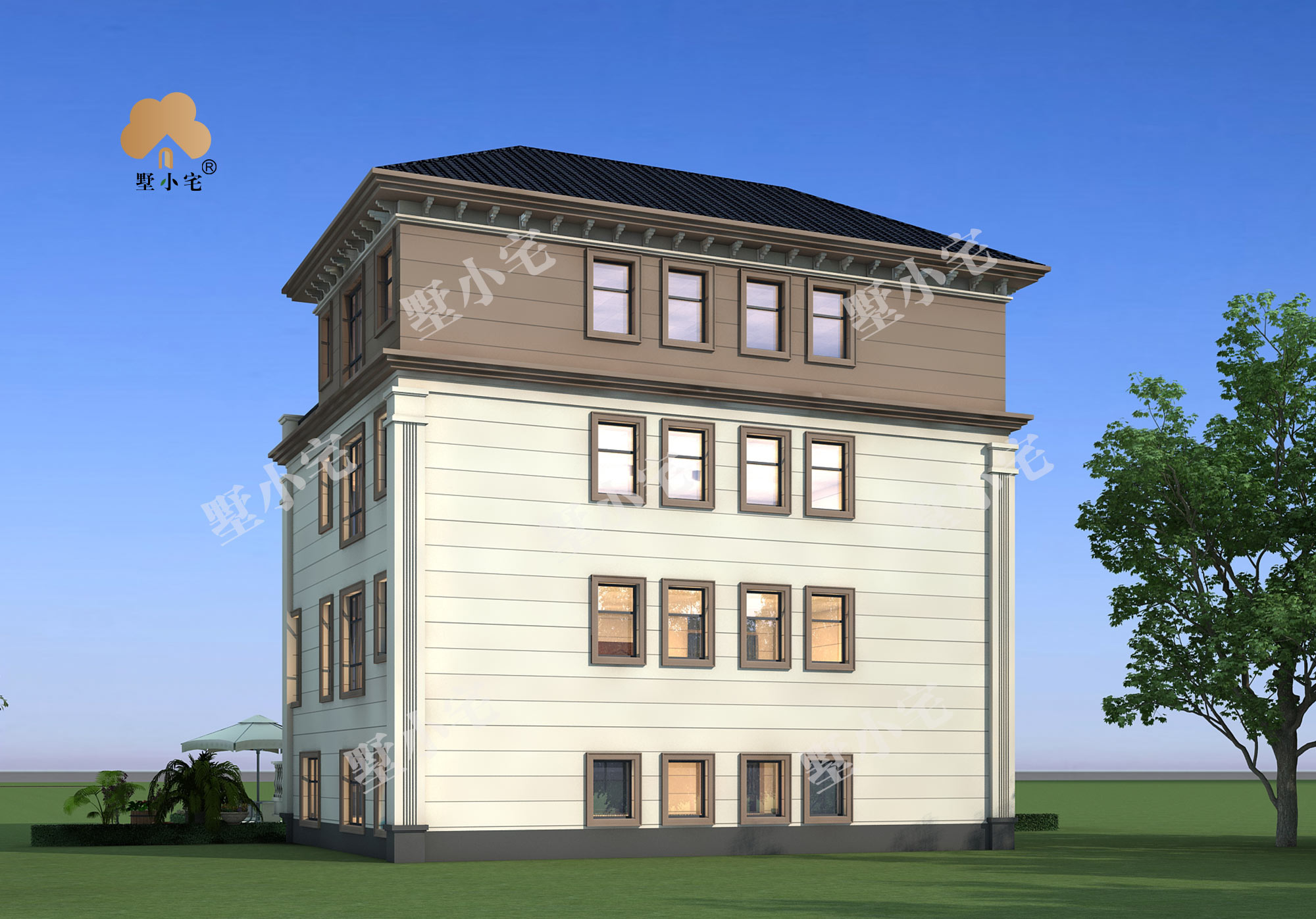 D918四层豪华新中式双拼别墅自建楼房设计图纸，带架空层设计7.09×12.4