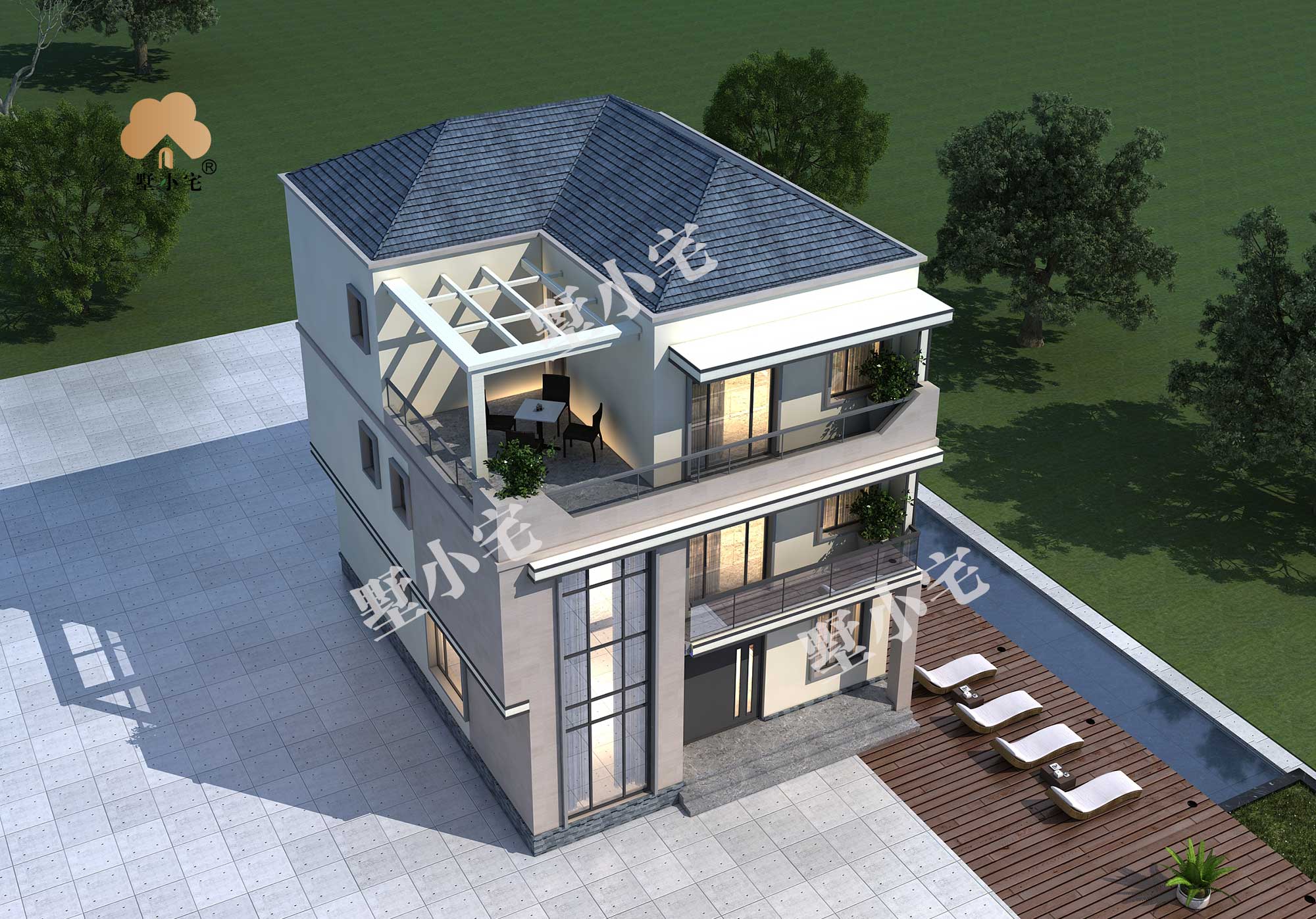 C8221[ 一层一户]三层现代别墅效果图，每层可独立居住的建房图纸