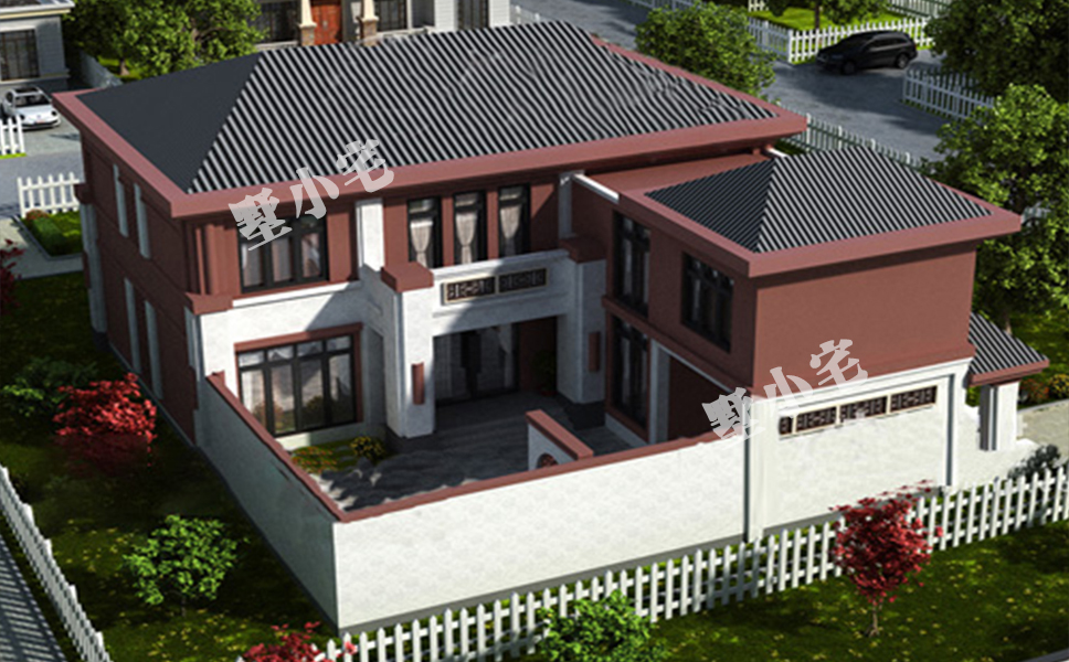 B750【七字形房子设计图】带小院的两层新中式别墅设计图