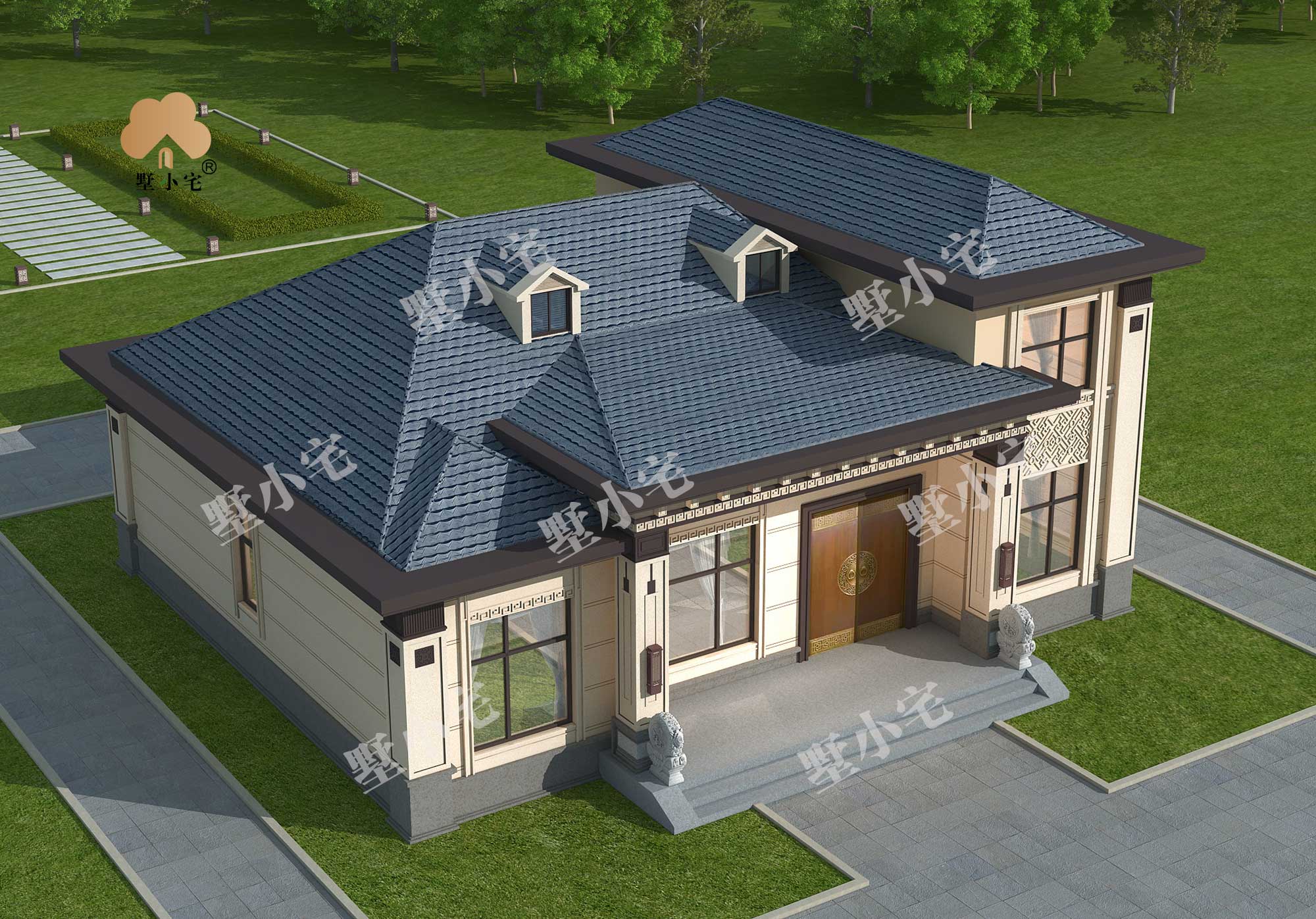 曾A995新农村一层半新中式简单自建别墅设计图纸，主体20万就能建，14.4×12