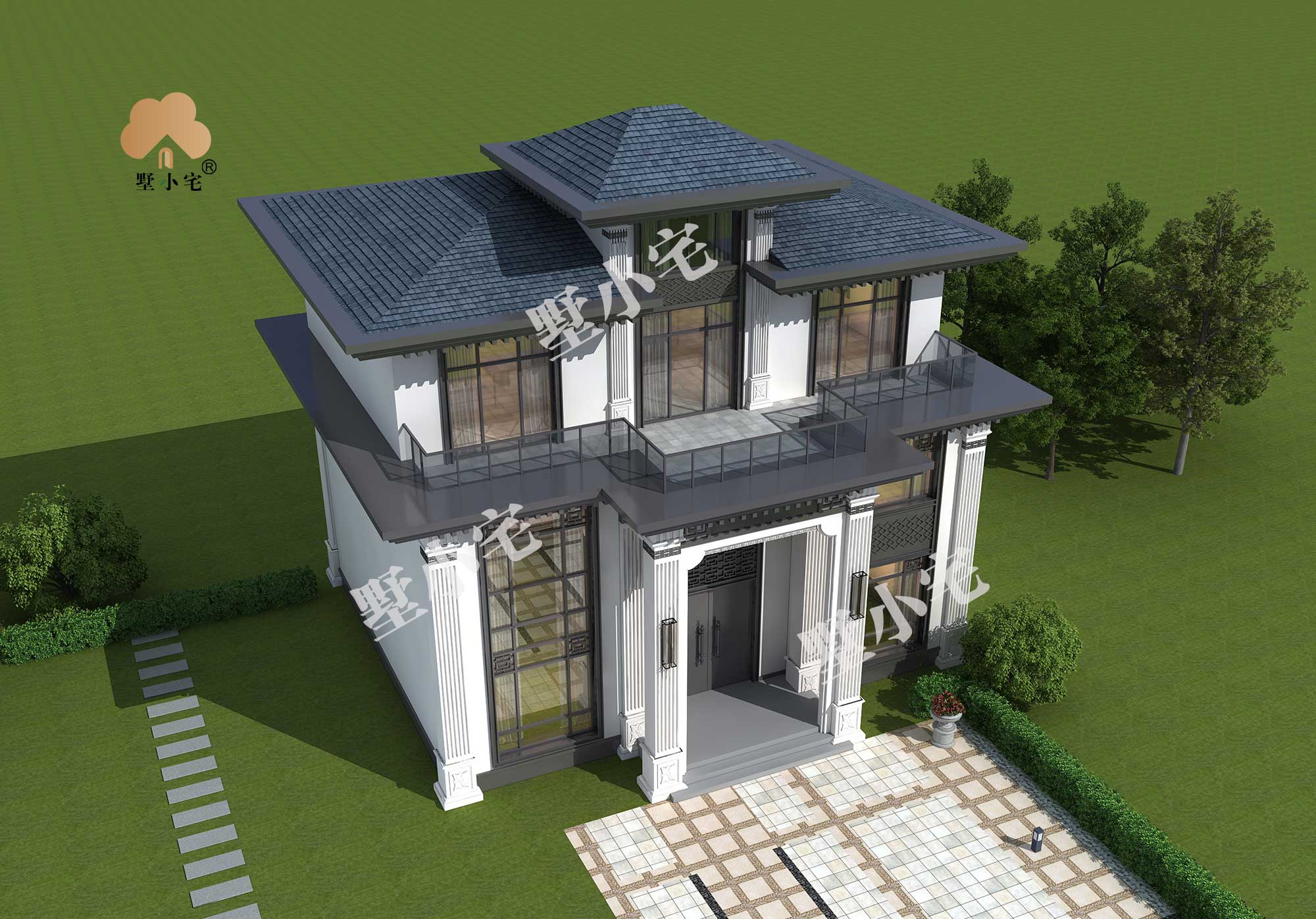 【三层新中式别墅设计图纸】C7241复式挑空豪华农村自建房，造价只要30万左右