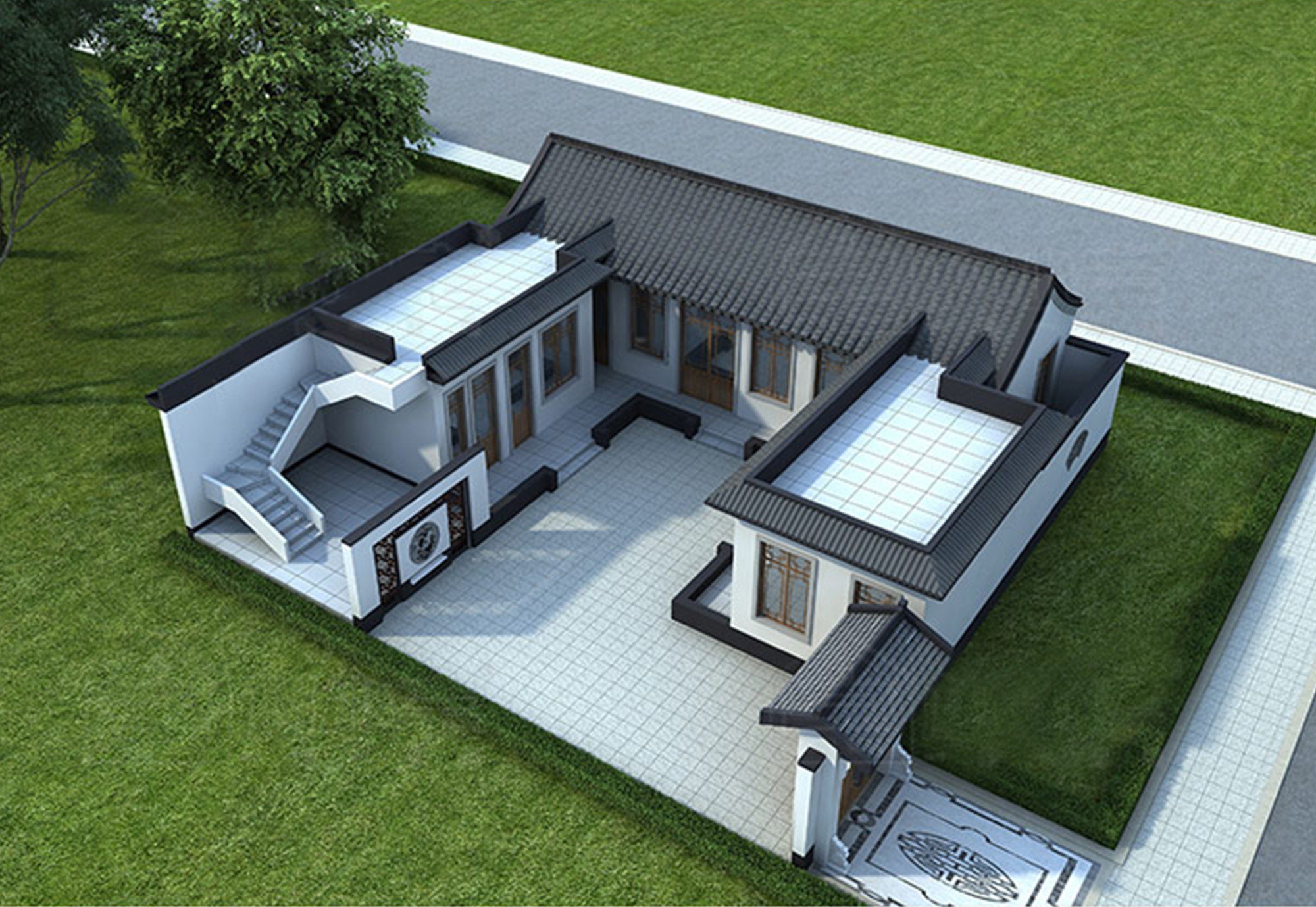 A726农村一层三合院小别墅设计图，带屋顶大平台