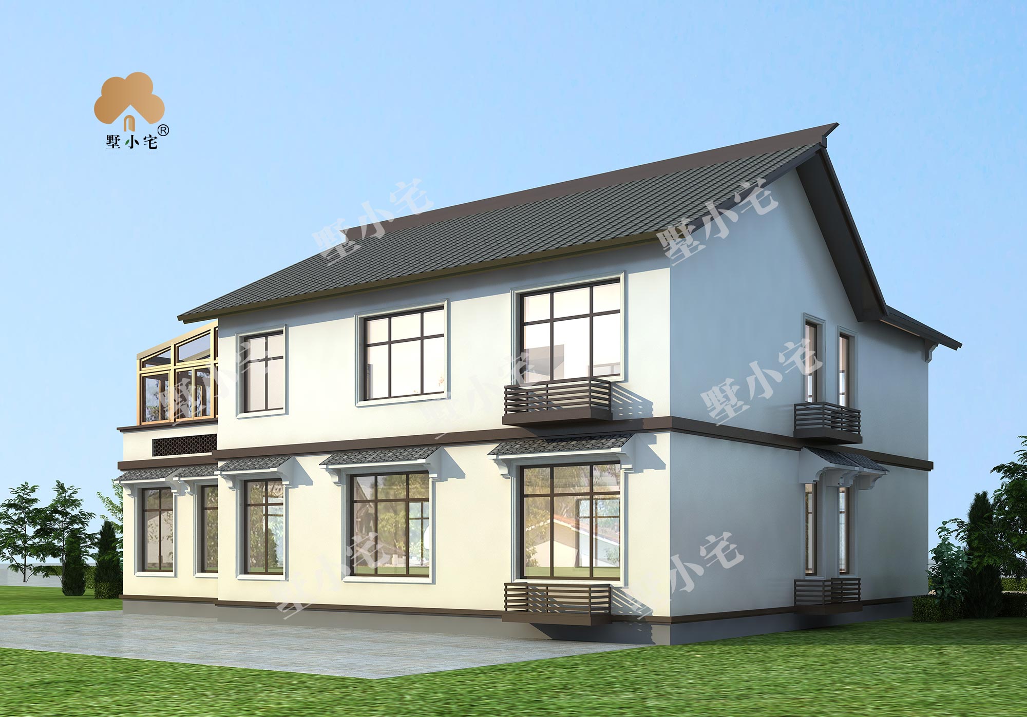 曾B5591乡下二层楼房住宅设计图纸及效果图，新中式风格，带阳光房设计17.24×14.74