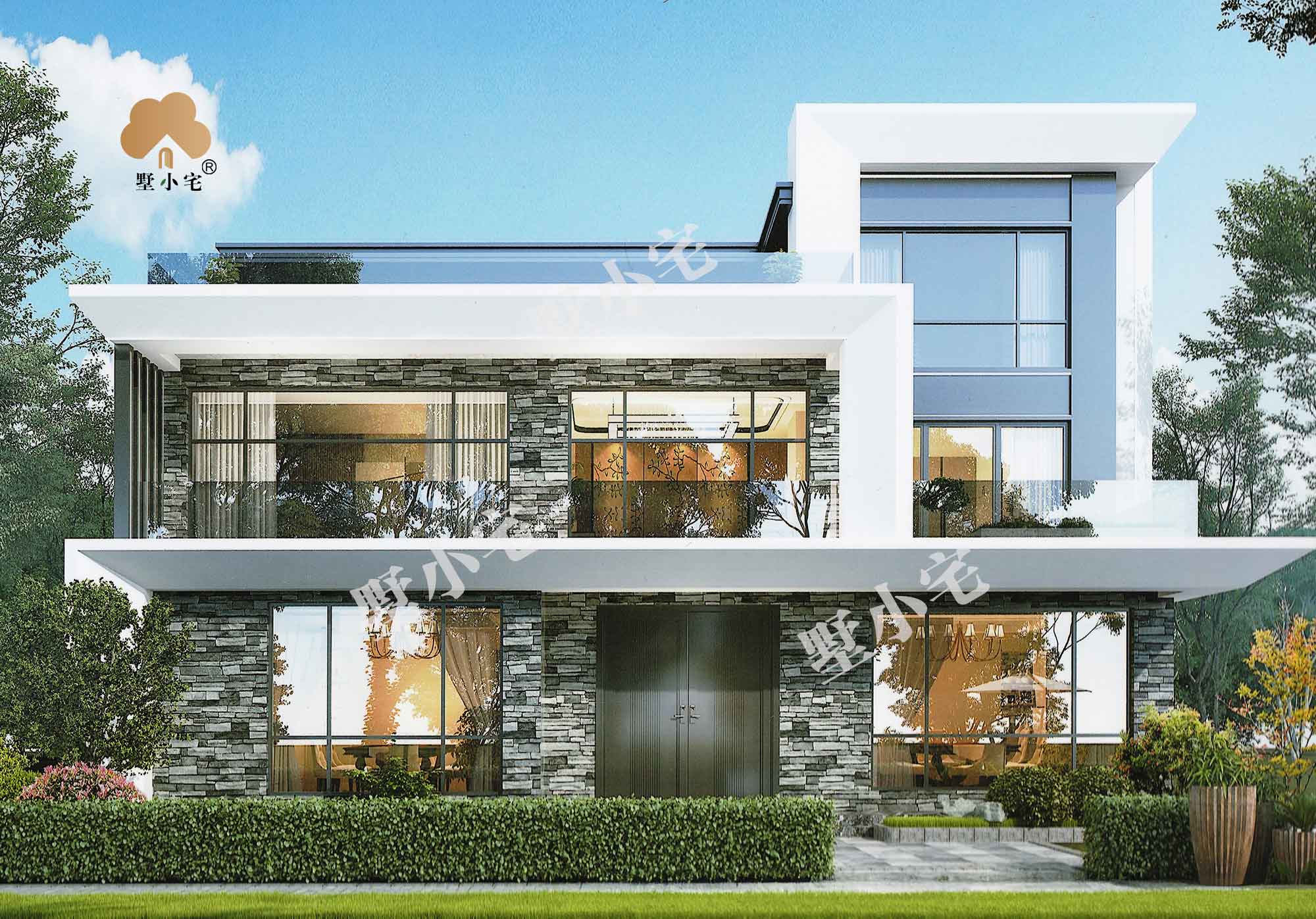 C979新农村现代风平屋顶自建房屋住宅设计图纸含效果图，客厅中空，15×10.8
