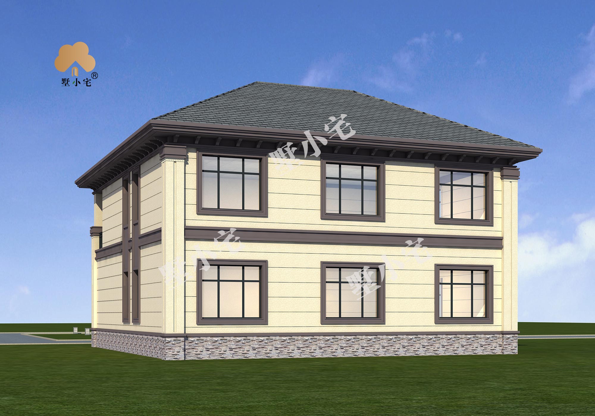 B915新款二层新中式乡下别墅设计图，客厅中空，南北通透13×14