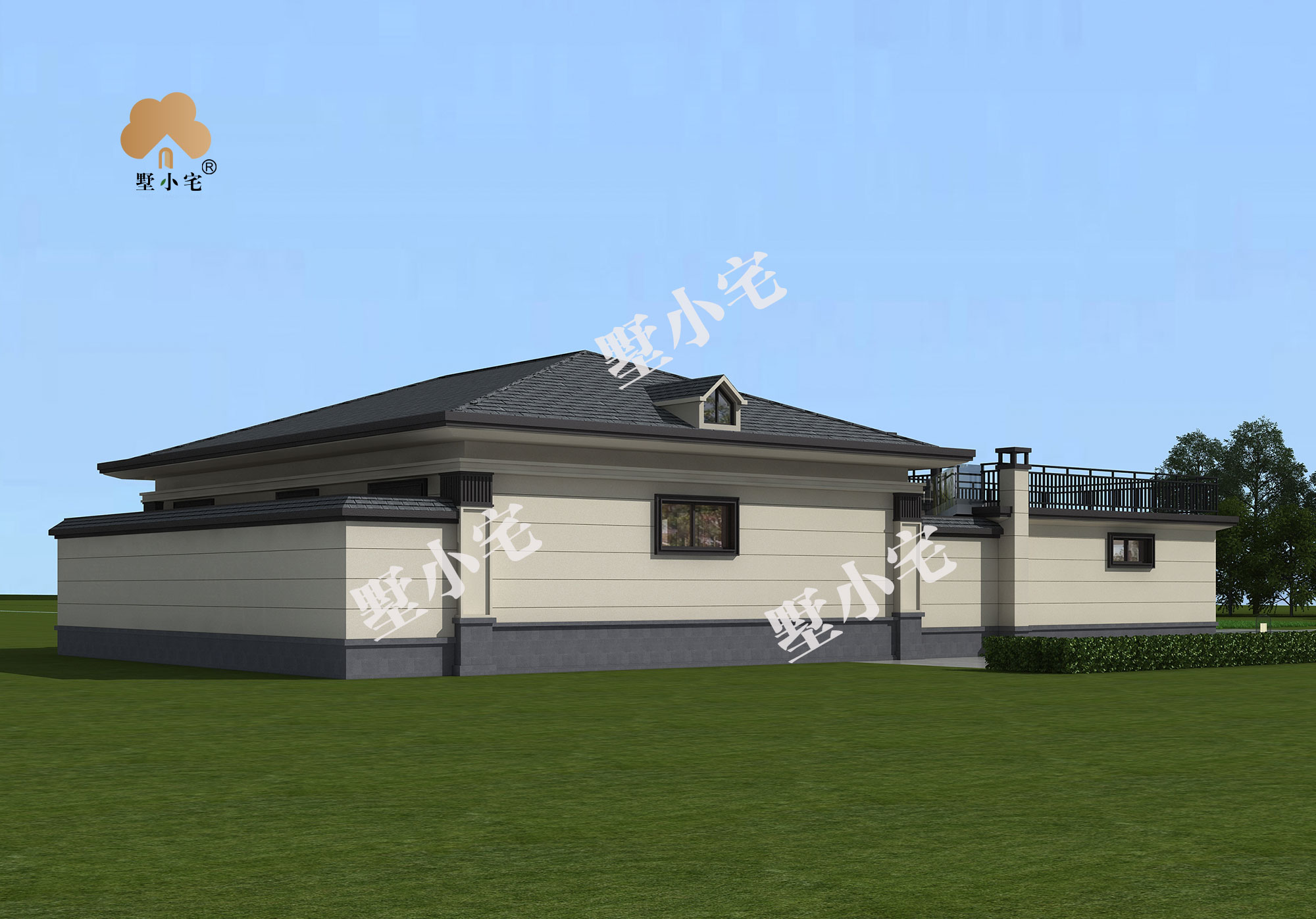 A909一层新中式L型别墅带院子设计图，经济实惠农村自建别墅13.5×24.24