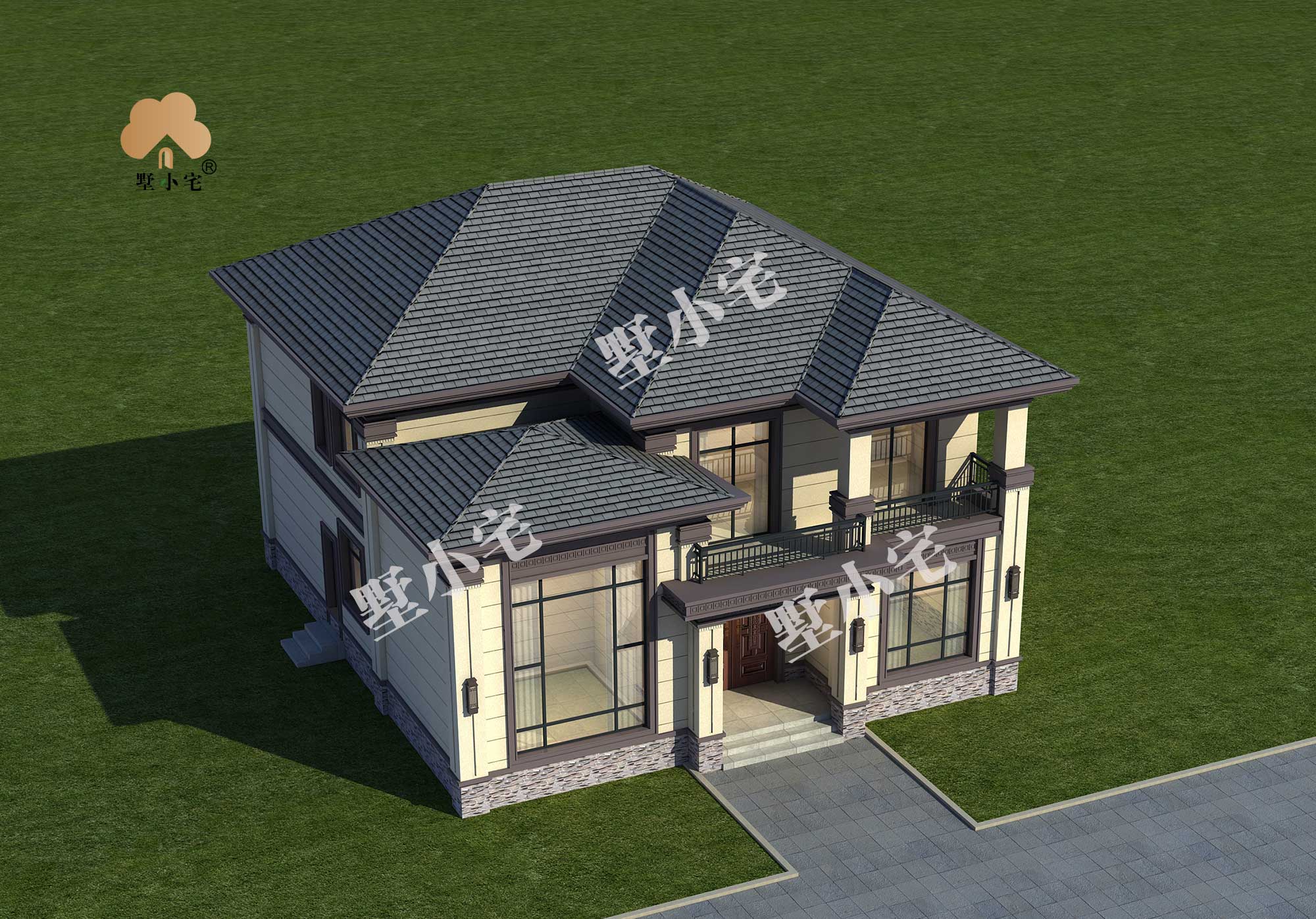 B915新款二层新中式乡下别墅设计图，客厅中空，南北通透13×14