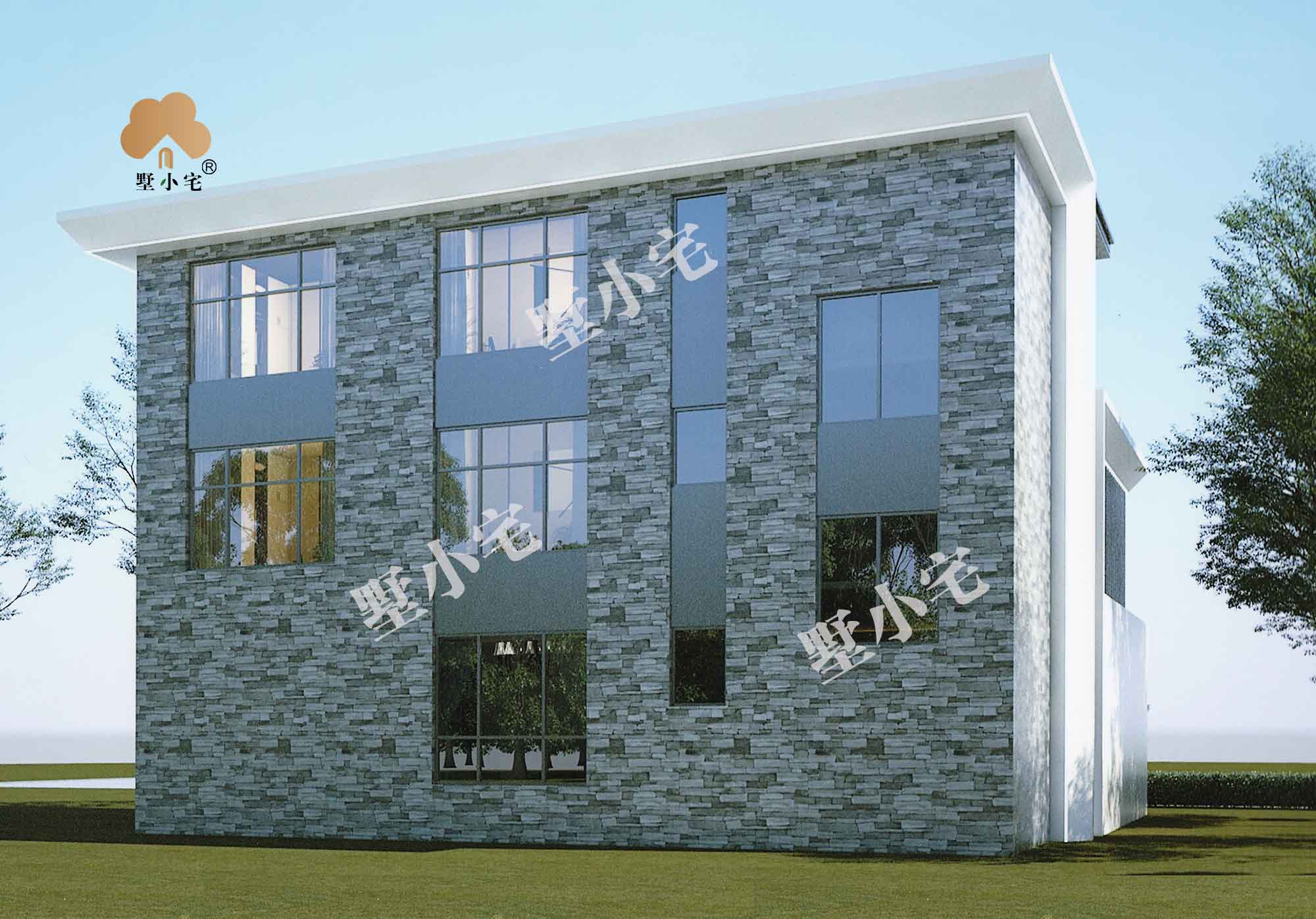 C979新农村现代风平屋顶自建房屋住宅设计图纸含效果图，客厅中空，15×10.8