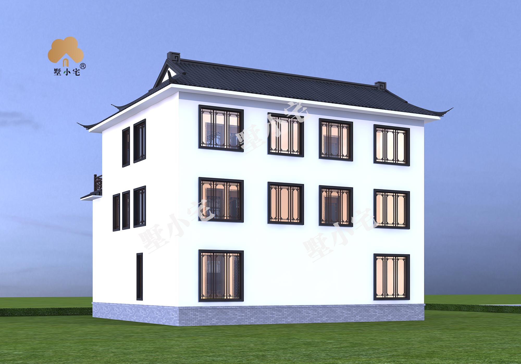 C916三层双拼四合院别墅设计图，带堂屋豪宅，兄弟自建房13.76×13.36