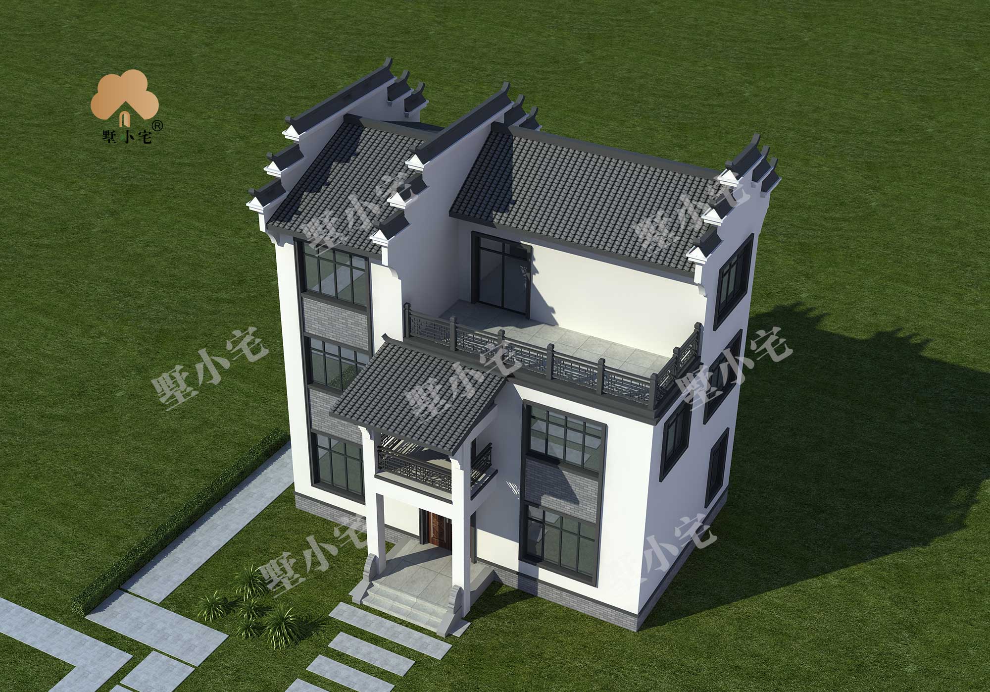 C380农村三层中式仿古小户型别墅设计图纸，平面布局好，适合农村自建12.5×9.5