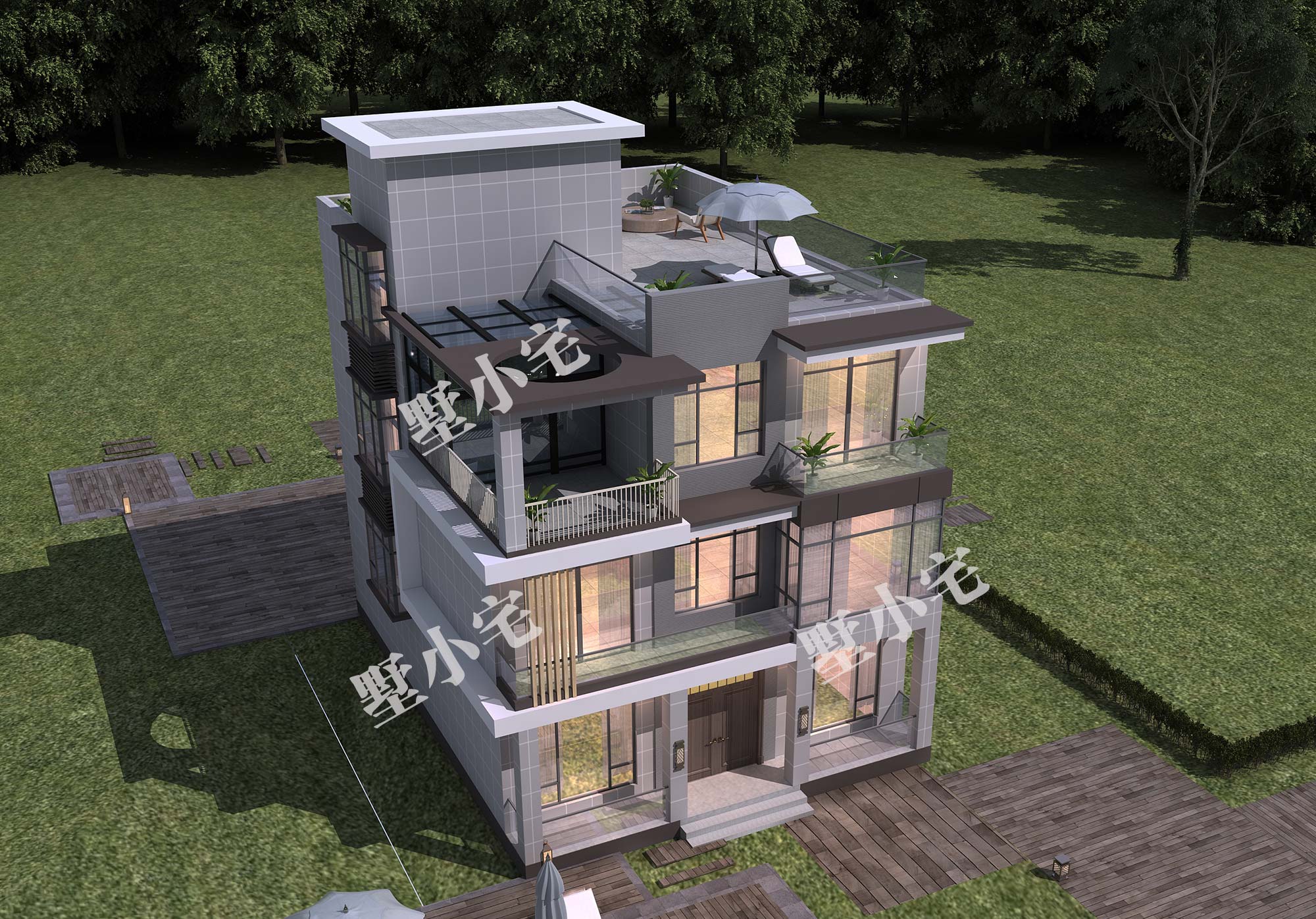 C850三层现代风格农村自建房别墅设计图纸，露台搭配阳光房