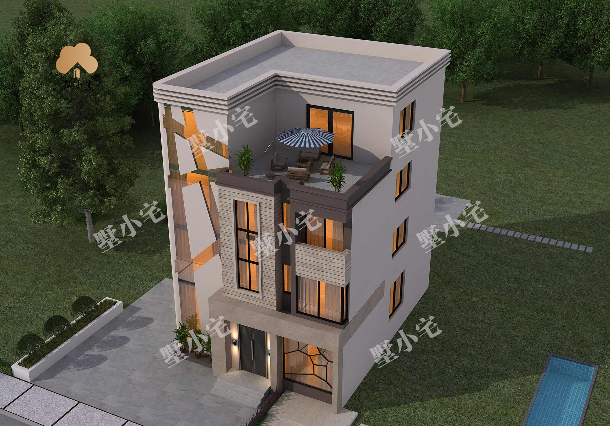 D929四层110平方乡村现代风格自建房别墅图纸，带电梯设计9.26×11.76