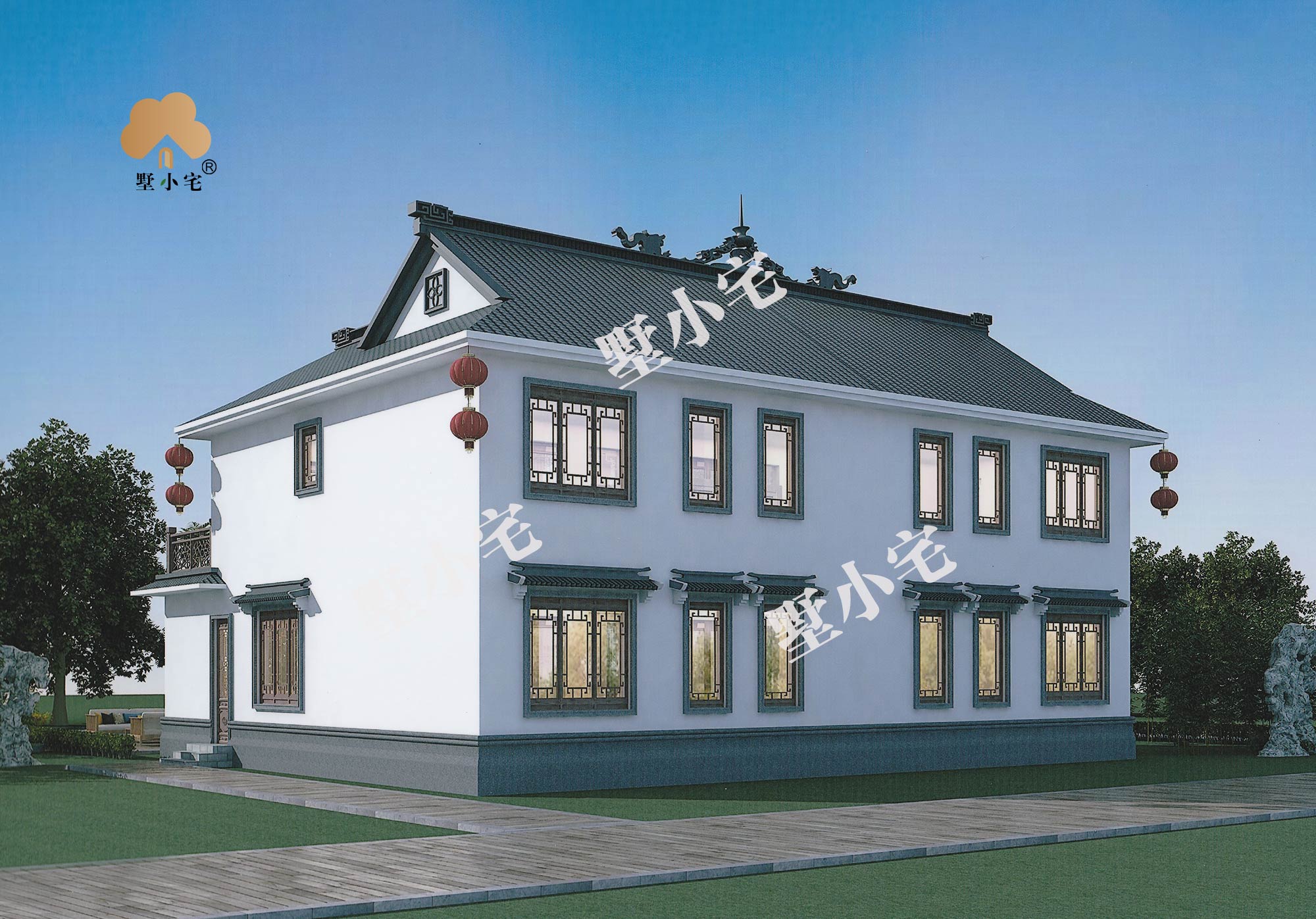 B557中国最美建筑中式合院设计图纸及效果图，白墙灰瓦高档别墅17.2×14