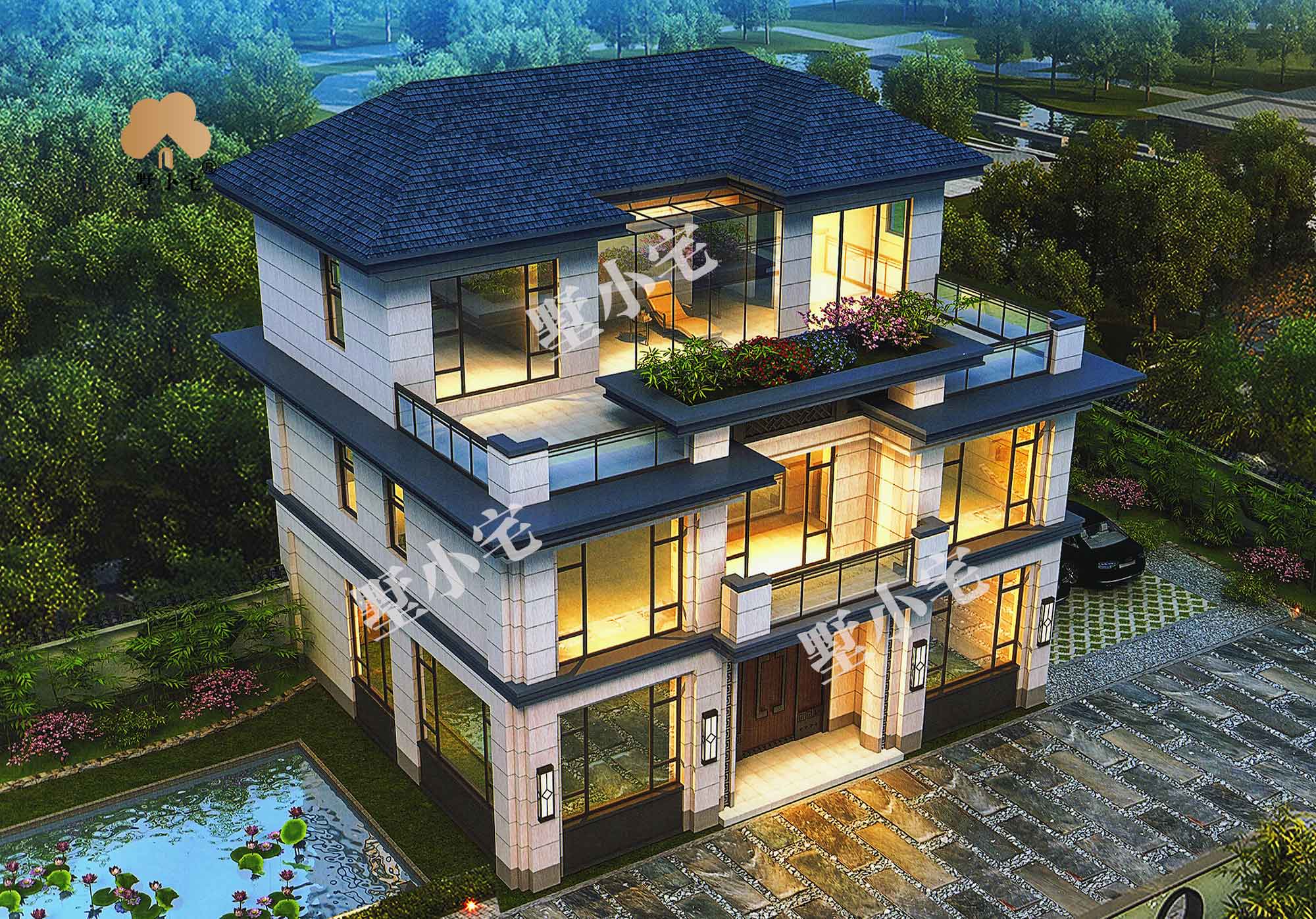C775[新中式]二层半农村自建房设计图带超大观景露台，至尊享受