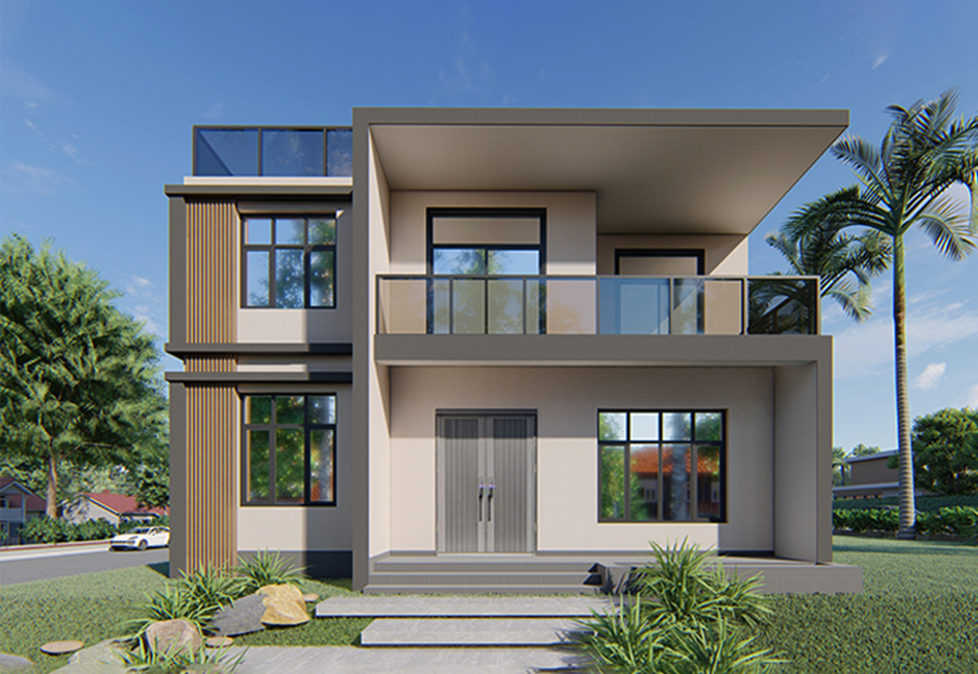 C795新款农村二层现代风格平房别墅设计，带屋顶花园