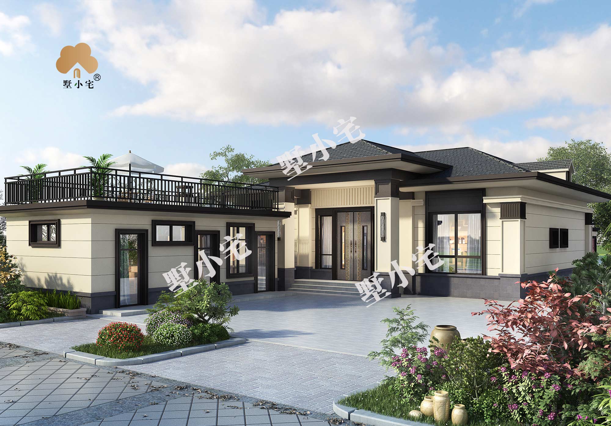 A909一层新中式L型别墅带院子设计图，经济实惠农村自建别墅13.5×24.24
