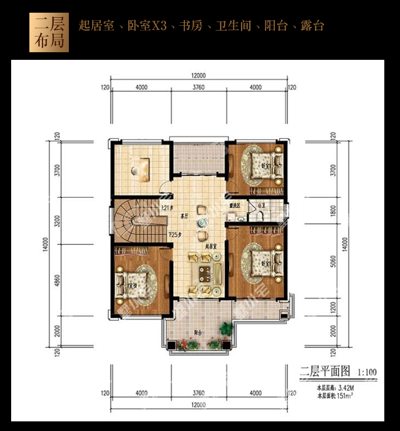 B801【农村新中式别墅】方案二户型图二层.jpg