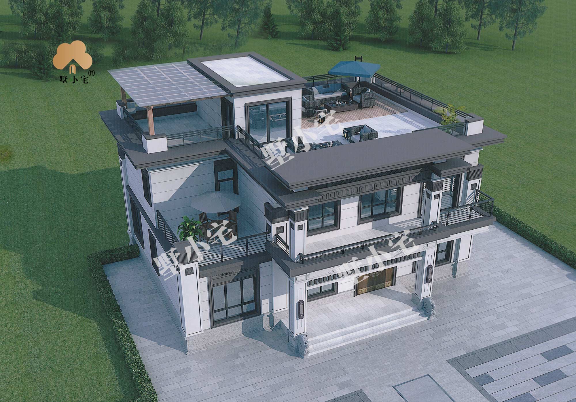 B843农村两层新中式自建房屋设计图，外型精美，带屋顶花园15.14×12.6