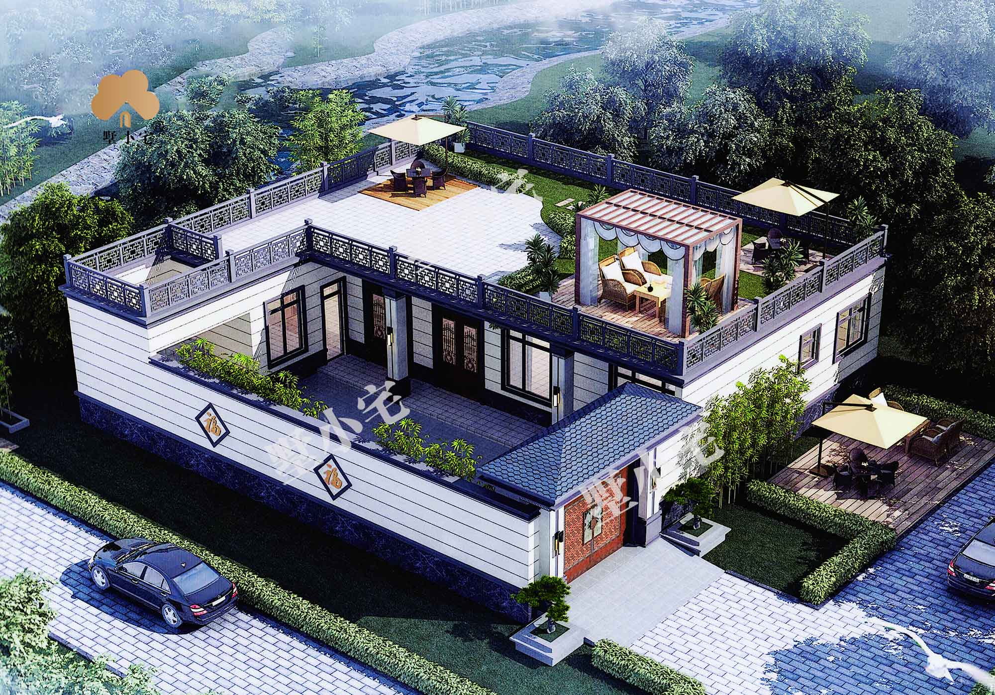 A701一层农村平房设计合院图纸全套，带院子和超大屋顶花园