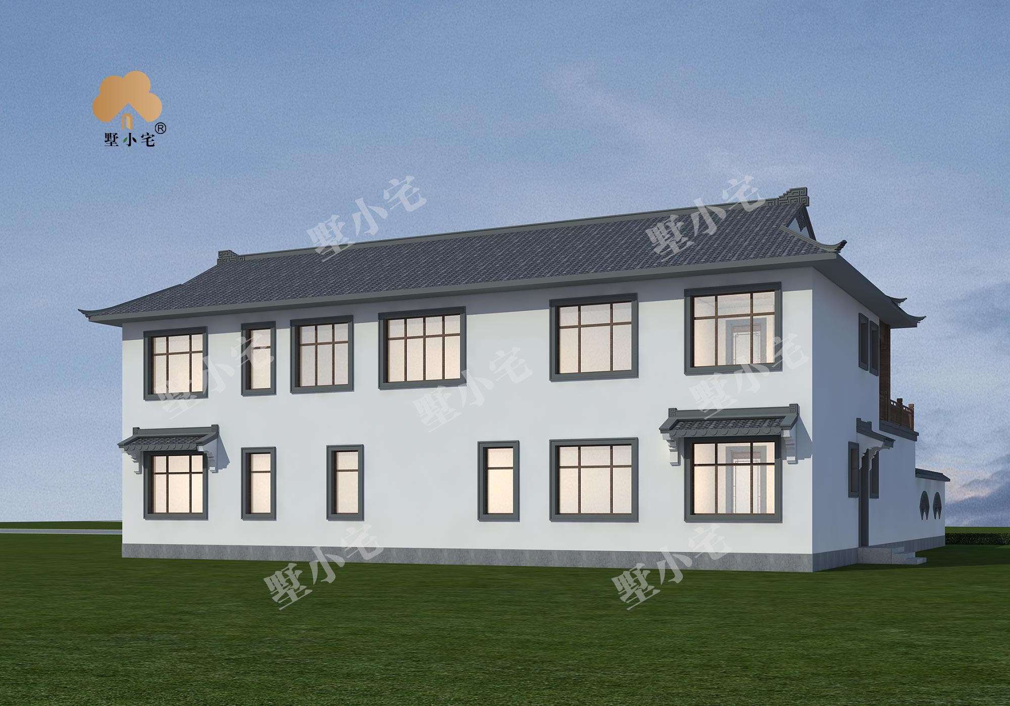 B5151私人二层中式四合院别墅建筑设计图，带庭院和露台20.76×16