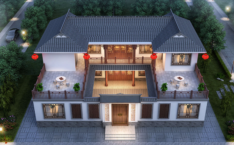 B635［北京四合院］农村二层别墅设计效果图仿古带庭院，含全套施工图纸